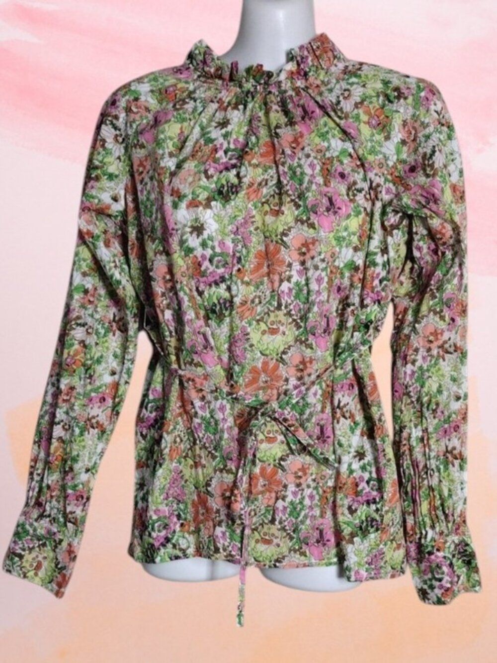 Motherhood Floral Ruffle-Neck Long Sleeve Lightweight Floral Blouse Size Small